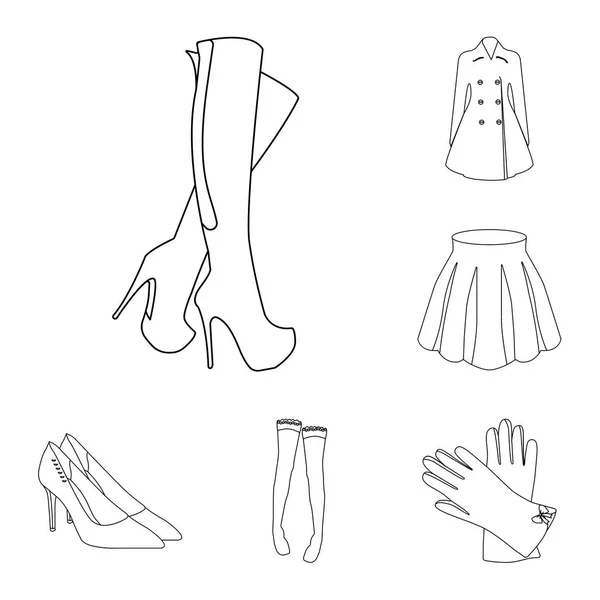 Kadınlar s Giyim anahat simgeleri set koleksiyonu tasarım için. Sembol stok web illüstrasyon vektör giyim çeşitleri ve aksesuarlar. — Stok Vektör