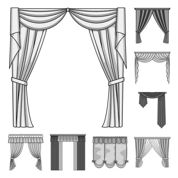 Diferentes tipos de cortinas iconos monocromáticos en colección de conjuntos para el diseño. Cortinas y lambrequines vector símbolo stock web ilustración . — Archivo Imágenes Vectoriales