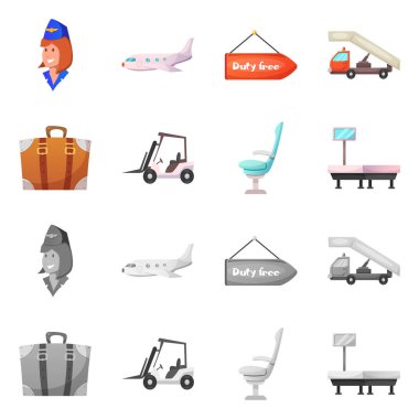 Havaalanı ve uçak sembolü yalıtılmış nesne. Hisse senedi için Havaalanı ve uçak vektör simge topluluğu.