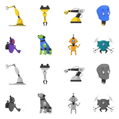 Robot ve fabrika simge vektör Illustration. Robot ve uzay hisse senedi vektör çizim topluluğu.