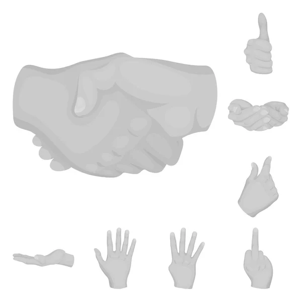 Hand gebaar zwart-wit pictogrammen in set collectie voor design. Palm en vinger symbool voorraad web vectorillustratie. — Stockvector