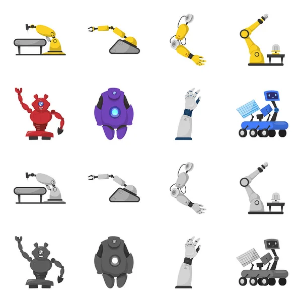 로봇 및 공장 상징의 벡터 디자인입니다. 주식 로봇 및 공간 벡터 아이콘의 컬렉션. — 스톡 벡터