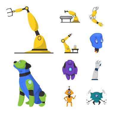 Robot ve fabrika simge vektör Illustration. Hisse senedi için robot ve uzay vektör simge topluluğu.