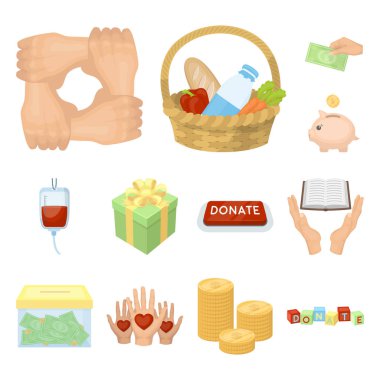 Set koleksiyonu tasarım için sadaka ve bağış karikatür simgeler. Maddi yardım vektör simge stok web çizim.