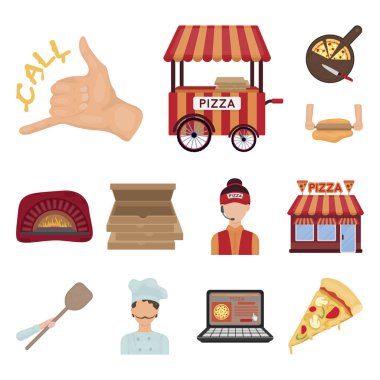 Set koleksiyonu tasarım için pizza ve pizza karikatür simgeler. Personel ve ekipman sembol stok web illüstrasyon vektör.