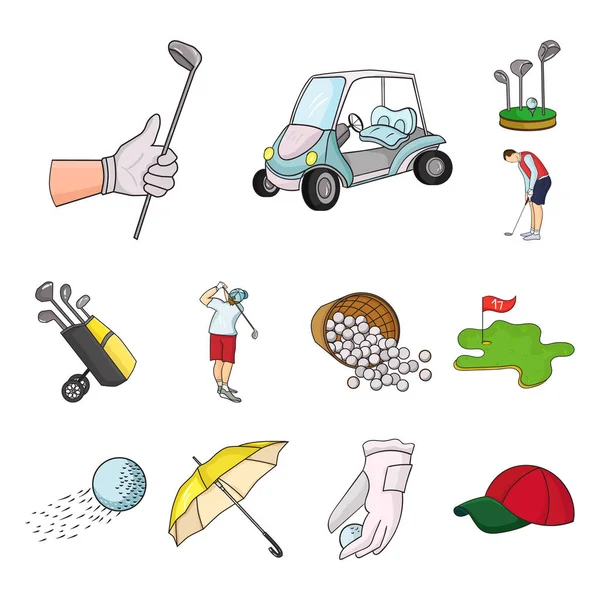 Golf i atrybuty kreskówka ikony w kolekcja zestaw do projektowania. Golf Club i sprzęt symbol web czas ilustracja wektorowa. — Wektor stockowy