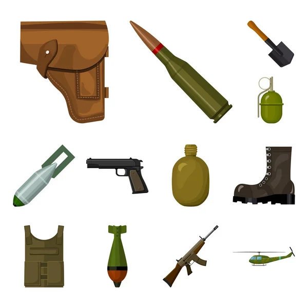 Ejército y armamento iconos de dibujos animados en la colección de conjuntos para el diseño. Armas y equipo vector símbolo stock web ilustración . — Vector de stock