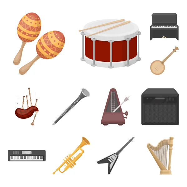 Musikinstrument Cartoon-Ikonen in Set-Kollektion für Design. Saiten- und Blasinstrument-Vektor-Symbol stock web illustration. — Stockvektor