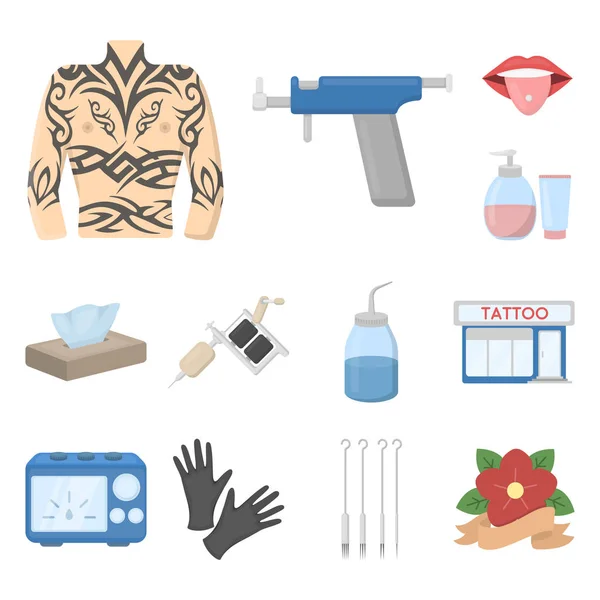 Татуювання, малюнок на іконках мультфільмів тіла в наборі для дизайну. Татуювання салону та обладнання Векторний символ стоковий веб-ілюстрація . — стоковий вектор