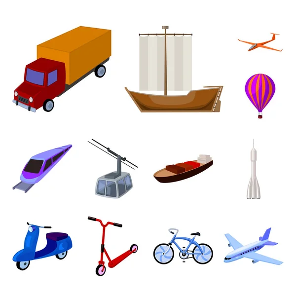 Různé typy dopravy karikatura ikony v nastavení kolekce pro design. Auto a loď symbol akcií webové vektorové ilustrace. — Stockový vektor