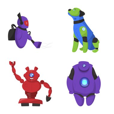 Robot ve fabrika işareti vektör tasarımı. Robot ve uzay hisse senedi vektör çizim seti.