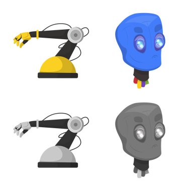 Robot ve fabrika işareti yalıtılmış nesne. Hisse senedi için robot ve uzay vektör simge topluluğu.