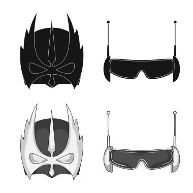 Bir kahraman ve maske işaret illüstrasyon vektör. Web için kahraman ve süper kahraman hisse senedi simgesi kümesi.