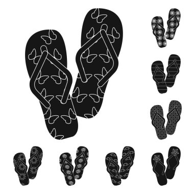 Parmak arası terlik set koleksiyonu tasarım için simgeler siyah. Beach ayakkabı sembol stok web illüstrasyon vektör.