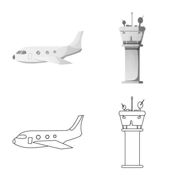 Isoliertes Objekt des Flughafen- und Flugzeuglogos. Sammlung von Flughafen- und Flugzeug-Aktiensymbolen für das Web. — Stockvektor