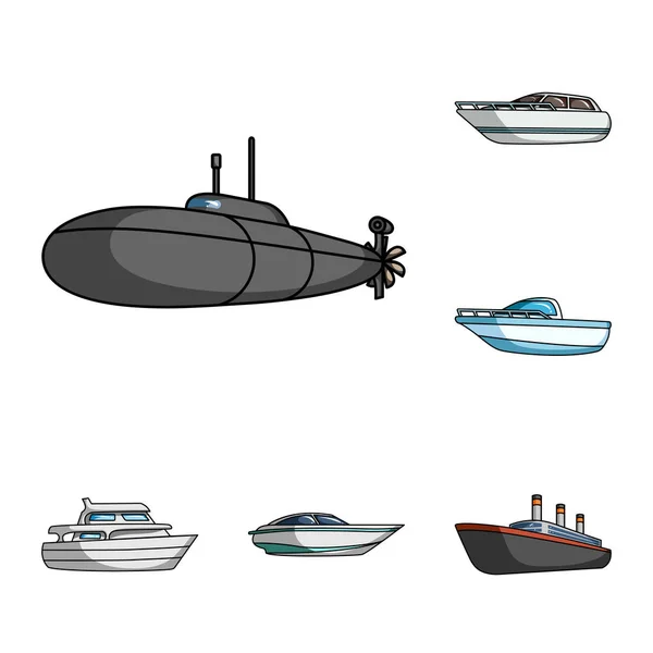 Ícones de desenhos animados de transporte de água e mar na coleção de conjuntos para design. Uma variedade de barcos e navios símbolo vetorial ilustração web . — Vetor de Stock