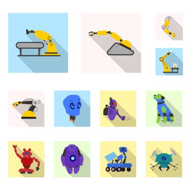 Robot ve fabrika logosu yalıtılmış nesne. Hisse senedi için robot ve uzay vektör simge kümesi.