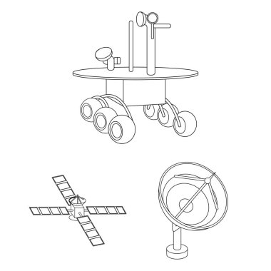 Uzay teknolojisi anahat simgeleri set koleksiyonu tasarım için. Sembol stok web illüstrasyon vektör uzay aracı ve ekipman.