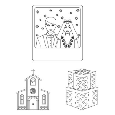 Düğün ve öznitelikleri set koleksiyonu tasarım için simgeleri anahat. Sembol stok web illüstrasyon vektör yeni evliler ve aksesuarları.