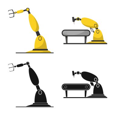 Robot ve fabrika simgesi yalıtılmış nesne. Hisse senedi için robot ve uzay vektör simge kümesi.