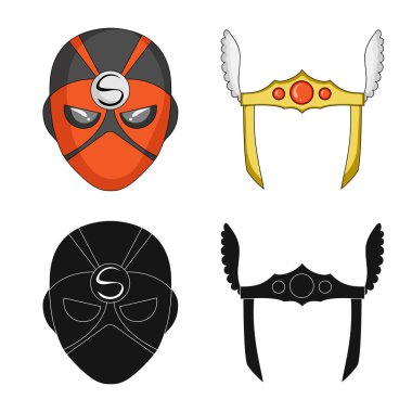 Kahraman ve maske sembolü yalıtılmış nesne. Kahraman ve süper kahraman hisse senedi vektör çizim seti.