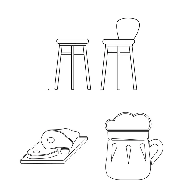 Pub, interiores y equipamiento esbozan iconos en la colección de conjuntos para el diseño. Alcohol y comida vector símbolo stock web ilustración . — Vector de stock