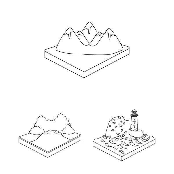 Montanhas, ícones de contorno maciços na coleção de conjuntos para design. A superfície da terra vetor isométrico símbolo estoque web ilustração . — Vetor de Stock