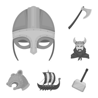 Vikingler ve öznitelikler tek renkli simgeler set koleksiyonu tasarım için. Eski İskandinav savaşçı vektör simge stok web çizimi.