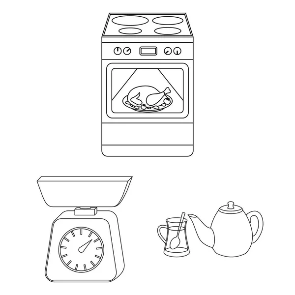 Kitchen equipment outline icons in set collection for design. Kitchen and accessories vector symbol stock web illustration. — Stock Vector