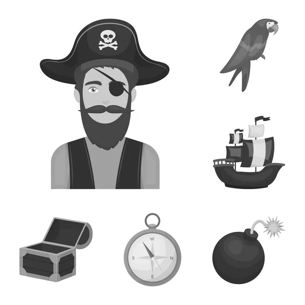 Pirata, ladrón de mar iconos monocromáticos en la colección de conjuntos para el diseño. Tesoros, atributos vector símbolo stock web ilustración . — Vector de stock