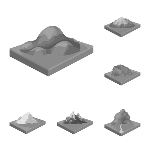 Montañas, iconos monocromáticos masivos en la colección de conjuntos para el diseño. La superficie de la tierra vector isométrico símbolo stock web ilustración . — Archivo Imágenes Vectoriales