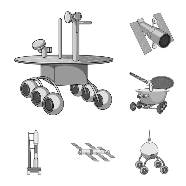 Tecnologia espacial ícones monocromáticos na coleção de conjuntos para design.Spacecraft e equipamentos símbolo vetorial ilustração web estoque . —  Vetores de Stock