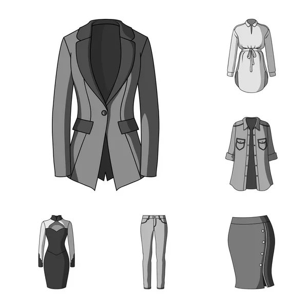 女性の服白黒アイコン デザインのセットのコレクション。衣類の種類やアクセサリー ベクトル シンボル ストック web イラスト. — ストックベクタ