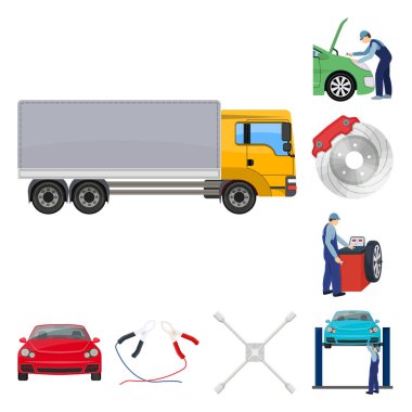 Araba, Asansör, pompa ve set koleksiyonu tasarım için diğer ekipman karikatür simgeleri. Araba bakım istasyonu vektör simge stok çizim web.