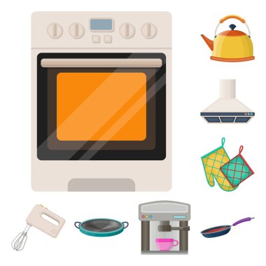 Set koleksiyonu tasarım için mutfak ekipman karikatür simgeler. Sembol stok web illüstrasyon vektör mutfak ve aksesuarları.