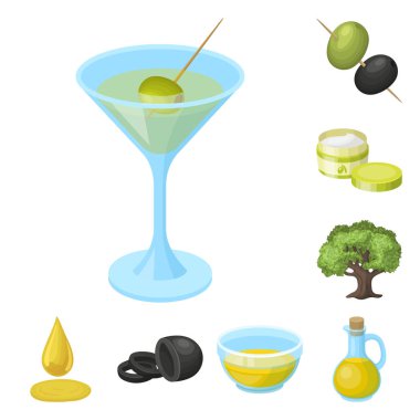 Set koleksiyonu tasarım için zeytin, gıda karikatür simgeler. Zeytin yağı, vektör simge stok web illüstrasyon baharat.