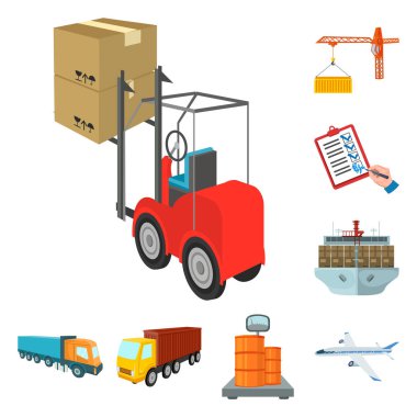 Set koleksiyonu tasarım için lojistik ve teslimat karikatür simgeler. Taşıtlar ve donatımı izometrik vektör simge stok web çizim.