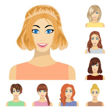 Kadın saç modelleri türleri set koleksiyonu tasarım için simgeleri karikatür. Bir kadın vektör simge stok web illüstrasyon görünümünü.