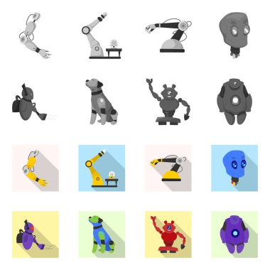 Robot ve fabrika işareti yalıtılmış nesne. Robot ve uzay hisse senedi vektör çizim seti.