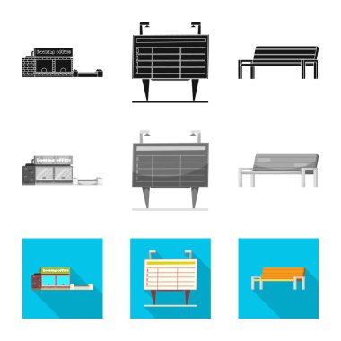 Tren ve istasyonu işareti yalıtılmış nesne. Tren ve bilet hisse senedi vektör çizim seti.