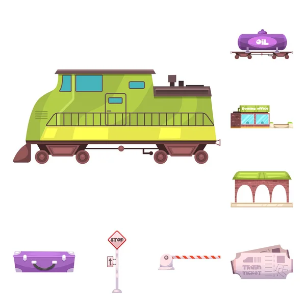 Διανυσματική σχεδίαση του σιδηροδρομικό σταθμό και το εικονίδιο. Σετ τρένων και εισιτήριο σύμβολο μετοχής για το web. — Διανυσματικό Αρχείο