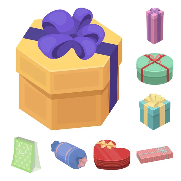 Gift en verpakking cartoon pictogrammen in set collectie voor design. Kleurrijke verpakking symbool voorraad web illustratie vector. — Stockvector