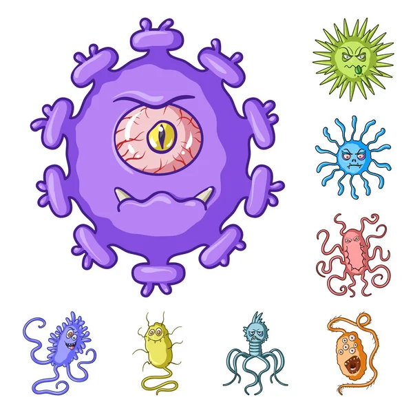 Tipos de micróbios engraçados ícones de desenhos animados na coleção de conjuntos para design. Ilustração patogênica da teia do estoque do símbolo do vetor dos micróbios . —  Vetores de Stock