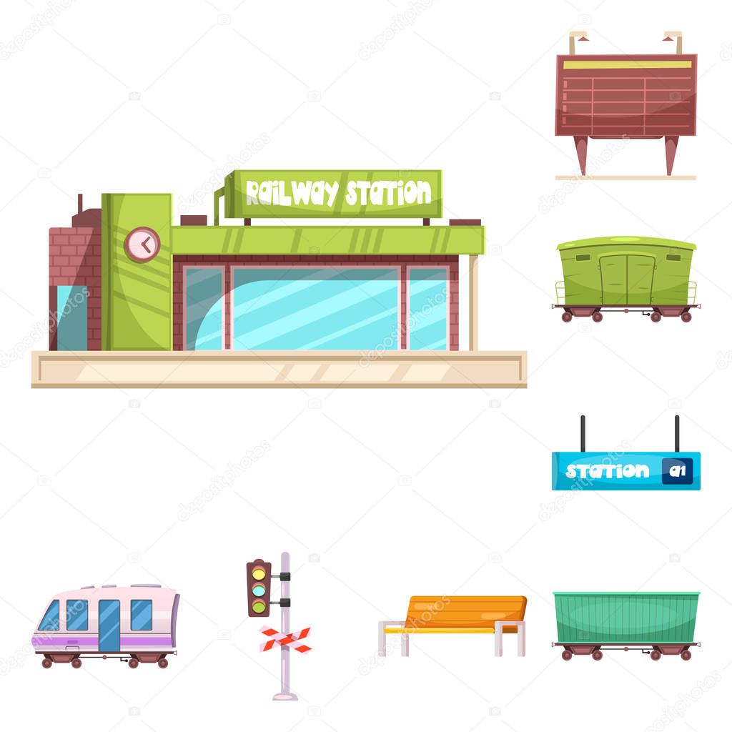 Vector illustration of train and station sign. Collection of train and ticket stock vector illustration.