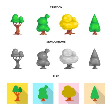 Ağaç ve doğa simgesi yalıtılmış nesne. Ağaç ve taç hisse senedi vektör çizim seti.