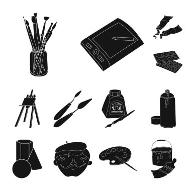 Ressam ve set koleksiyonu tasarım için çizim siyah simgeler. Sanatsal aksesuarları sembol stok web illüstrasyon vektör.