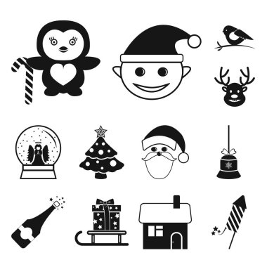 Set koleksiyonu tasarım için simgeler siyah Noel öznitelikleri ve aksesuarları. Neşeli Noel vektör simge stok web çizim.