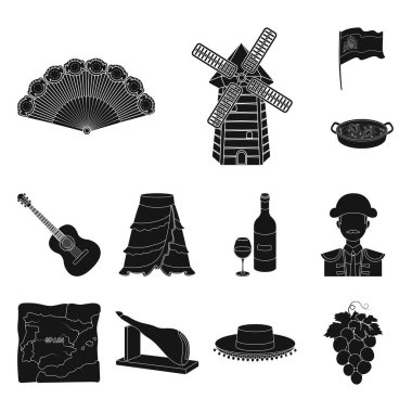 İspanya ülke siyah set koleksiyonu tasarım için simgeler. Sembol stok web illüstrasyon vektör seyahat ve konumlar.
