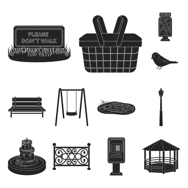 Parque, equipo negro iconos en la colección de conjuntos para el diseño. Caminar y descansar vector símbolo stock web ilustración . — Vector de stock