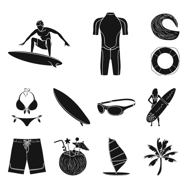 Sörf ve aşırı siyah simgeler set koleksiyonu tasarım için. Sembol stok web illüstrasyon vektör sörfçü ve aksesuarları. — Stok Vektör